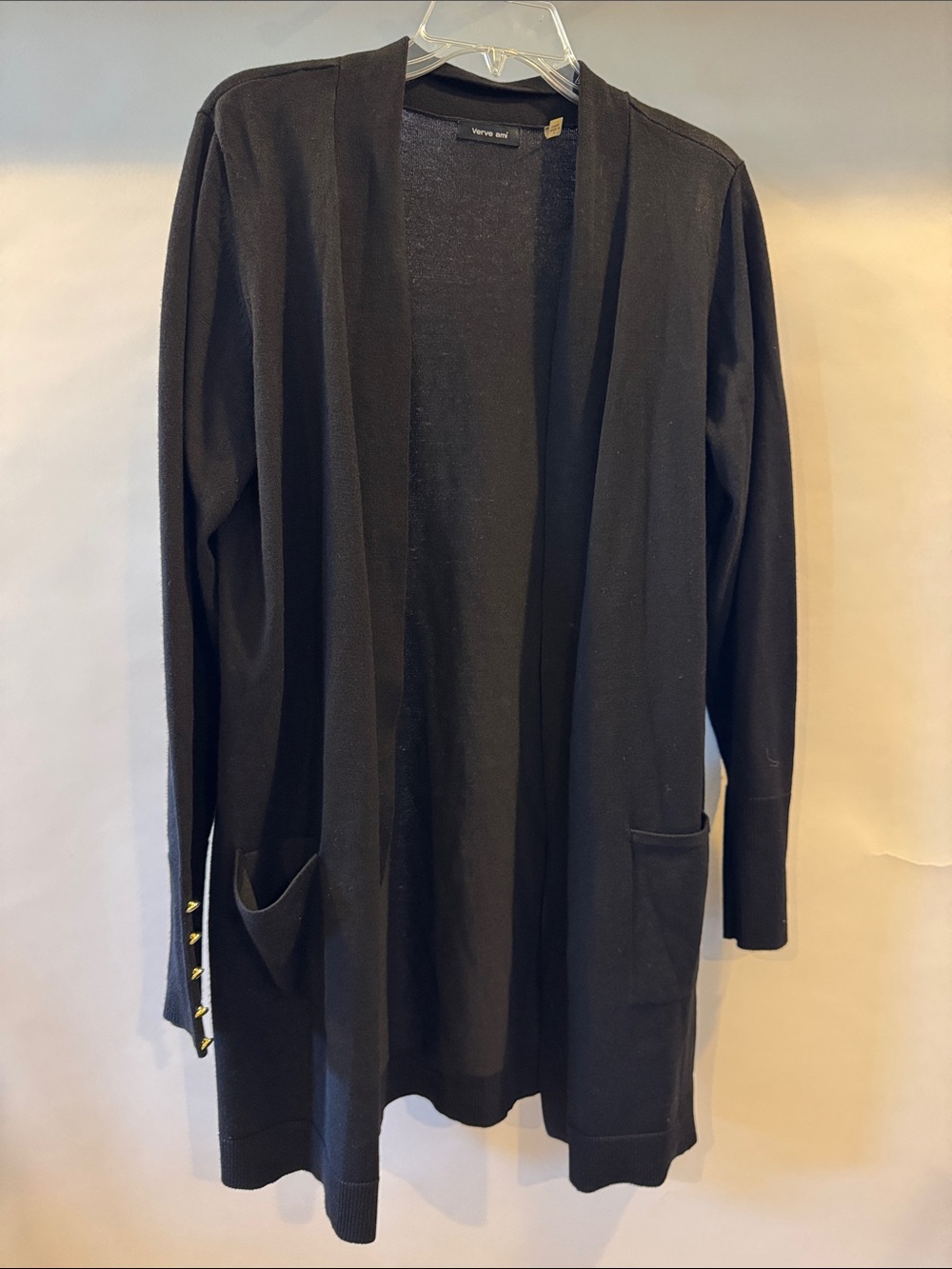 Verve Ami Black Open-Front Long Cardigan with Pocket and Wrist Button Details